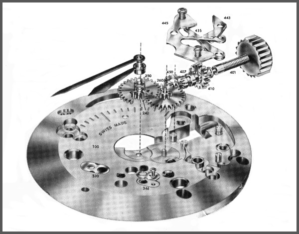 illlustration of a manual wind mechanical watch
		  	movement, dial side