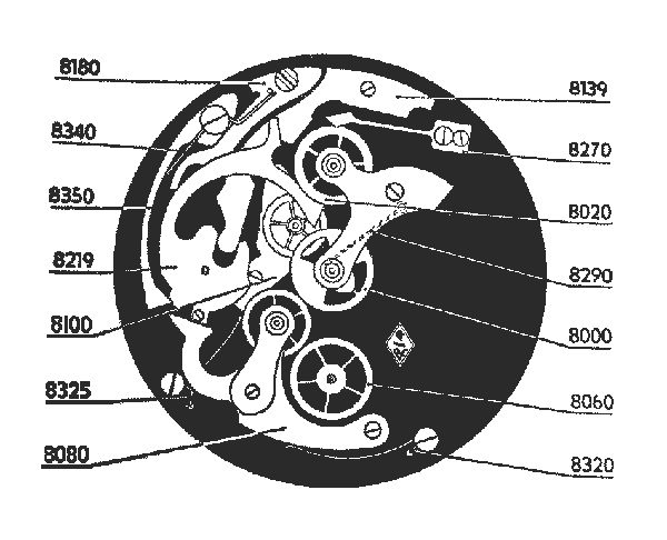 image of a non-pillar wheel type, cam operated,
	 			 chronograph watch movement - bridge side